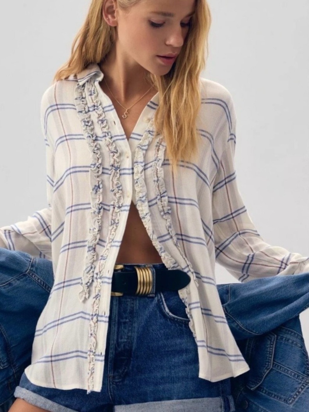 Anthropologie Pilcro Lightweight Ruffle-Trim Button Down Shirt - Size M - Picture 3 of 7